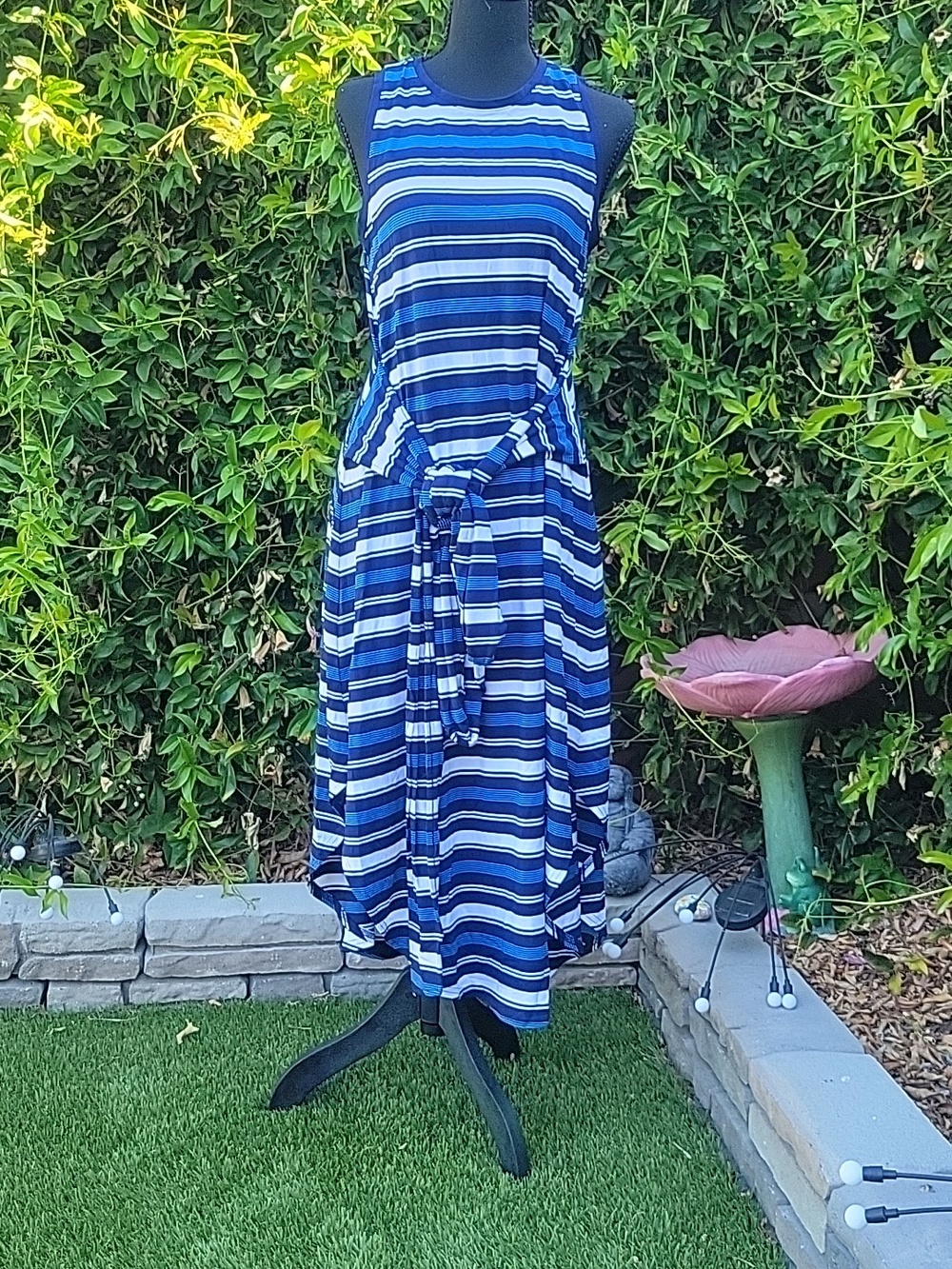 Navy Blue & White Striped Belted Maxi Tank Dress NWT